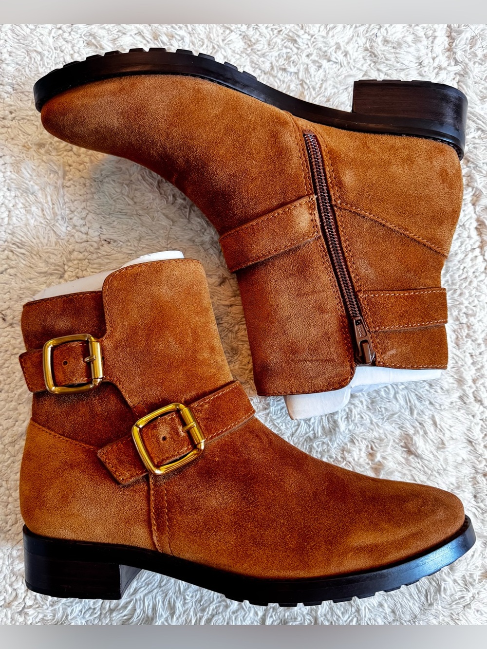 27 EDIT Tan Suede Ankle Boots with Gold Buckles